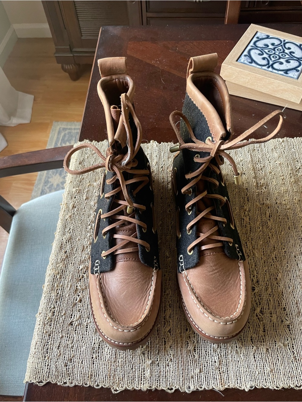 Tory Burch Two-Tone Leather and Suede Lace-Up Boots in Brown and Black